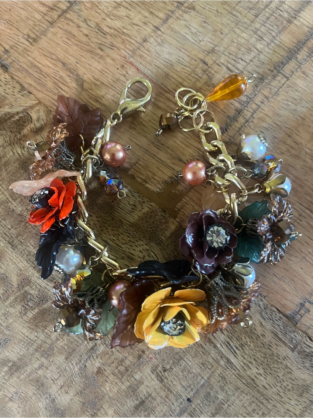 Vintage Style Autumn Floral and Leaf Charm Bracelet
